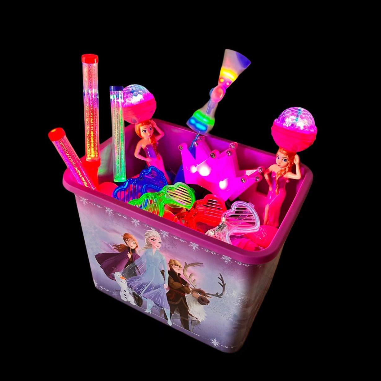 LED rinkinio nuoma vaikų šventei – akiniai, lazdelės, karūnos ir žaislai