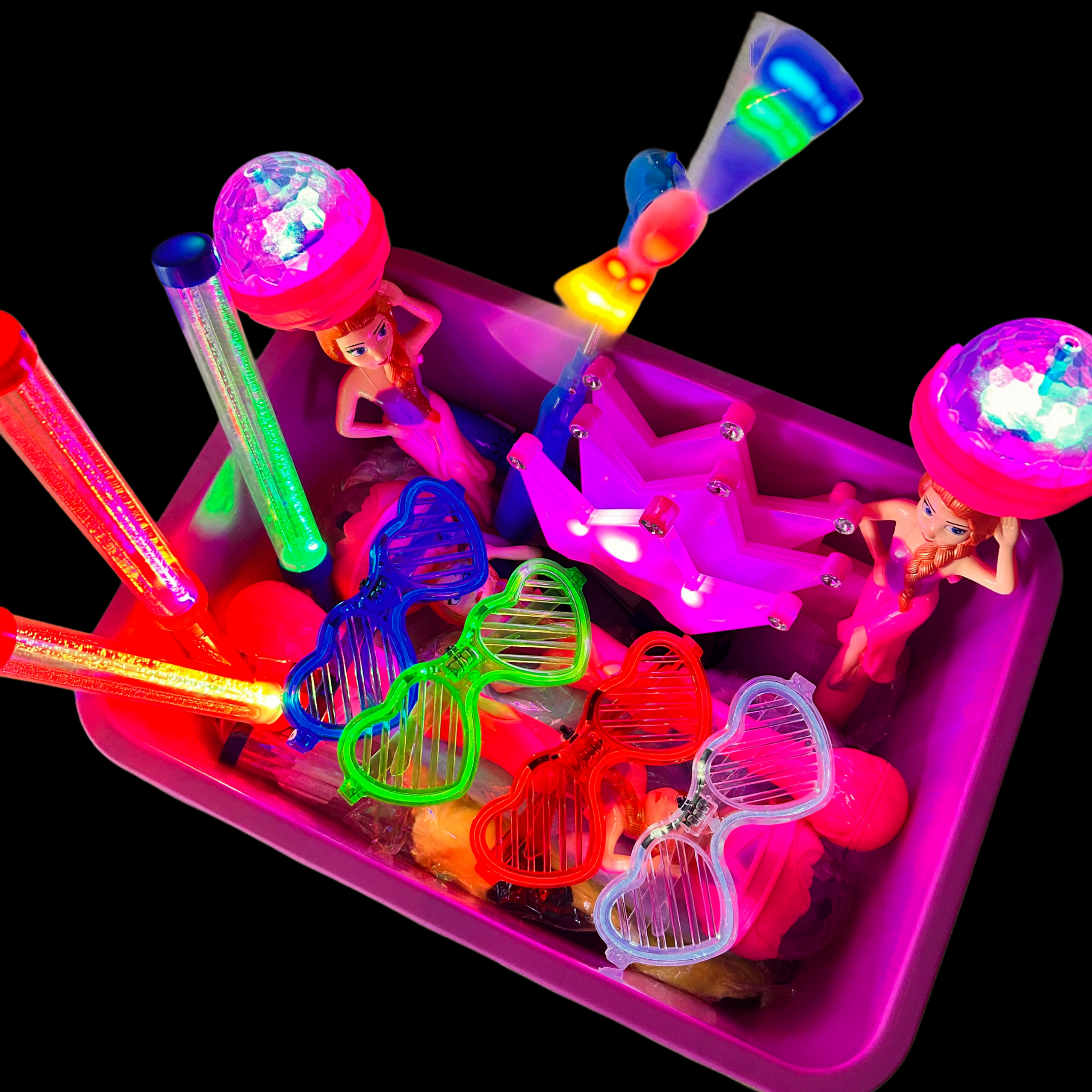 LED rinkinio nuoma vaikų šventei – akiniai, lazdelės, karūnos ir žaislai